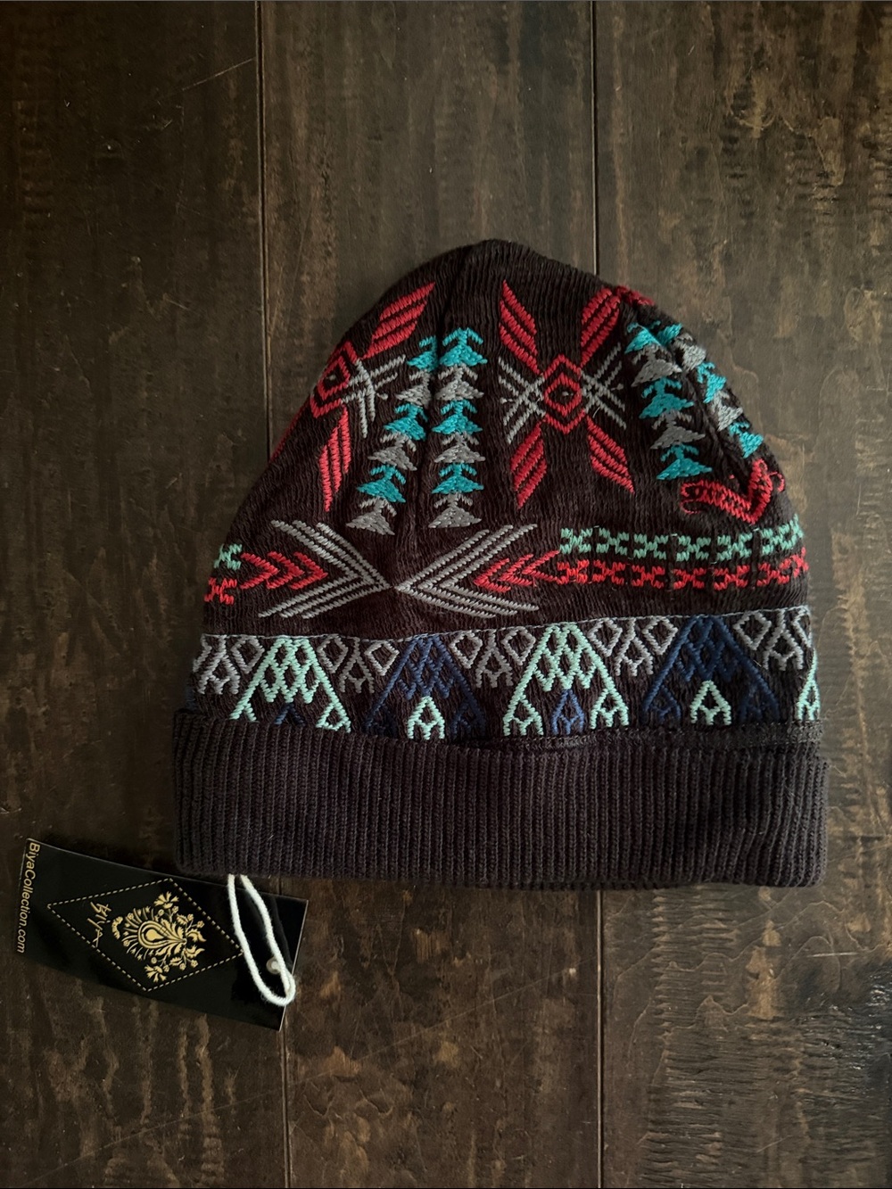 Johnny Was Knit Beanie with Aztec Pattern - dark brown with Red & Teal